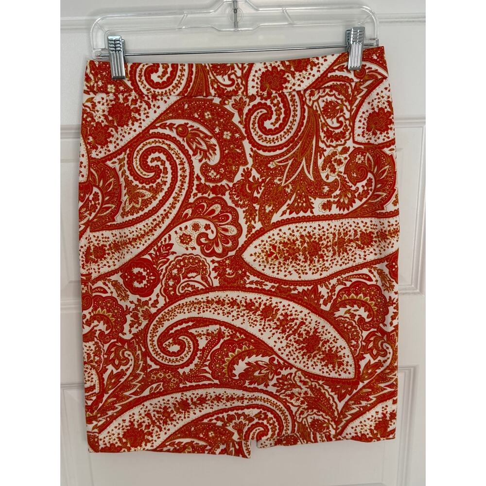J.Crew The Pencil Skirt Red Orange Paisley Print Size 2 Cotton Spandex Blend